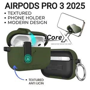 Casing Shockproof Airpods Pro3 2025 | Pro 3rd Generation | Pro Gen 3 Safety Lock Case Airpod Textured Color Modern Design With Phone Stand Holder | Anti Licin