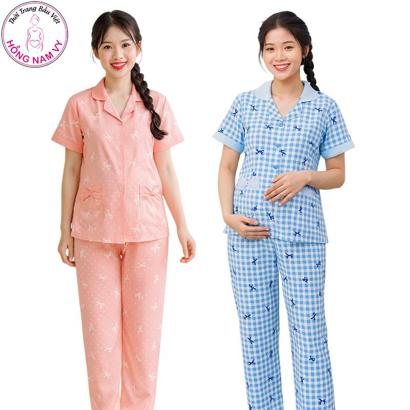 Bộ Bầu Và Sau Sinh Pizama Hồng Nam Vy Tay Ngắn Quần Dài Lụa Mịn Mát Size 50-80kg Thiết Kế Bé Ti 2 Bên Áo Tiện Lợi