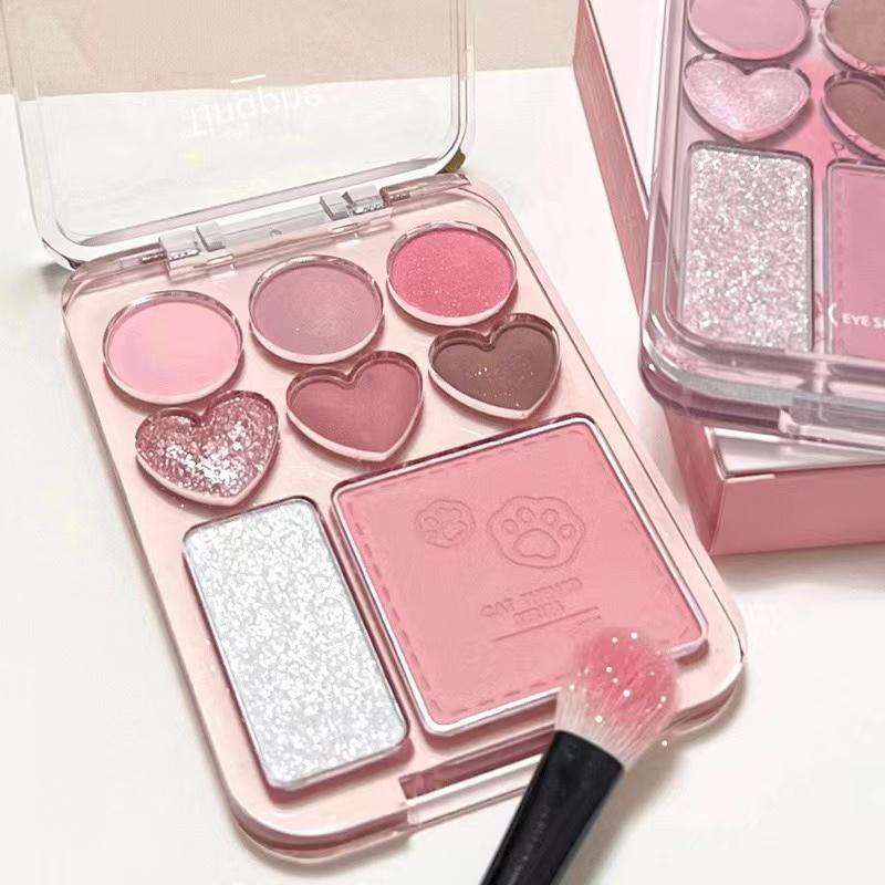  Bảng phấn mắt nhũ 8 ô hình trái tim có nhũ highlight Bảng mắt 3in1 kèm má hồng 