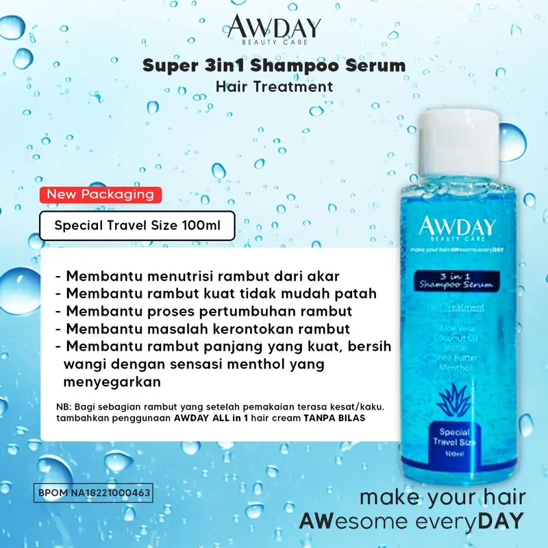 Awday 3in1 Shampoo Serum Hair Treatment BPOM HALAL awday  biru 4