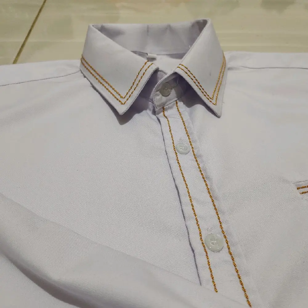 Garis 2 di kerah - Kemeja Pria Premium Variasi Benang Timbul Smock Nylon Lengan Panjang dan Pendek Putih