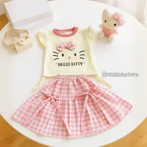 Kiranakidsstore Setelan Rok Pita Terbaru Anak Perempuan Usia 1 sampai 6 tahun Motif Lucu Hello Kitty dengan Rok Kotak-kotak Fashion