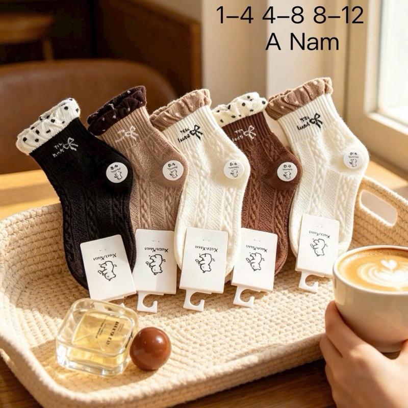 (2-12 tuổi) Sét 5 đôi tất bèo nơ cổ cao cho bé gái size 1-4,4-8,8-12 tuổi