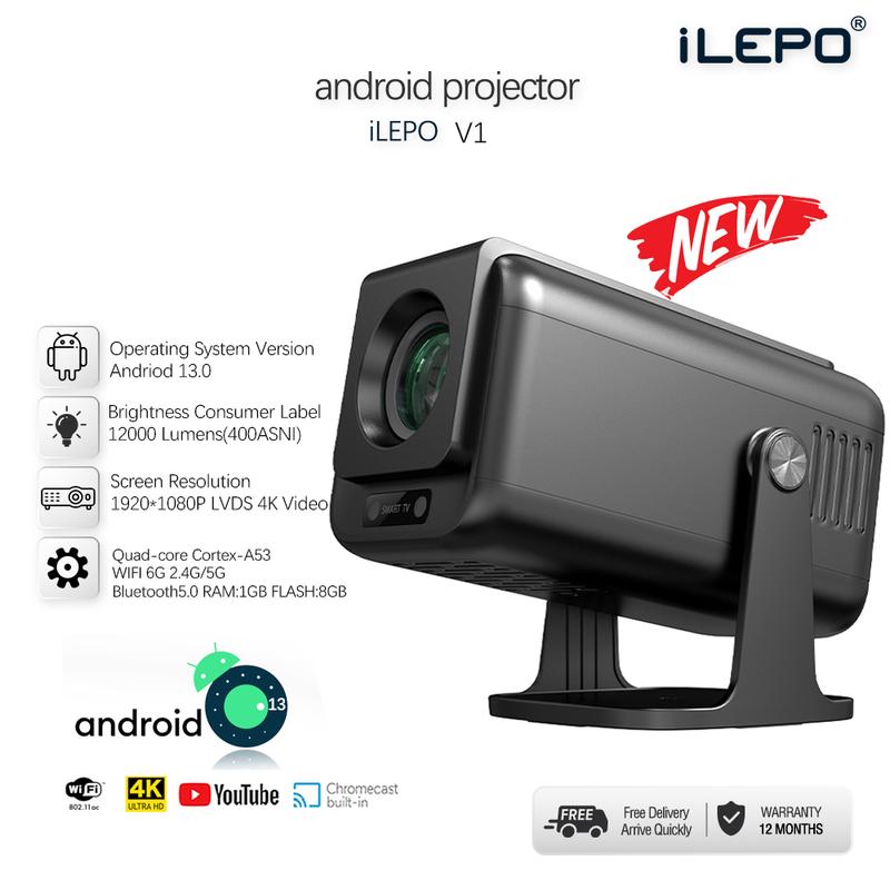  Máy chiếu độ sáng cao 400 ansi lumens hình ảnh sắc nét Full HD 1080P tích hợp android 13.0 xem phim giải trí máy chiếu mini V1 ilepo 