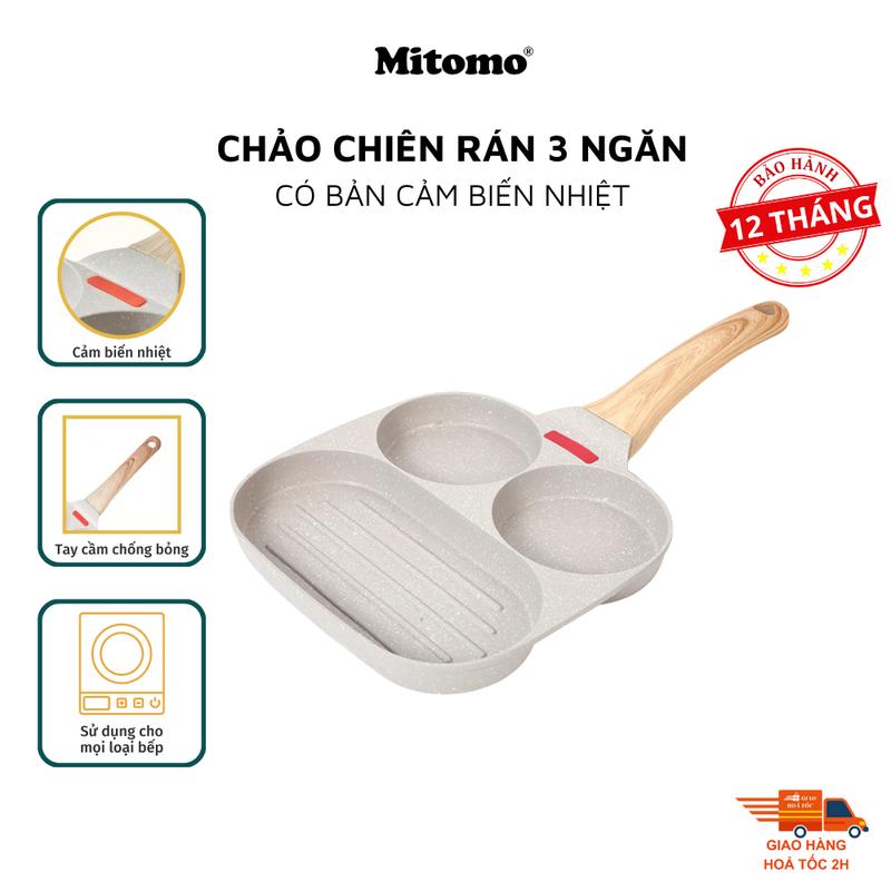 Chảo chiên rán chống dính Mitomo 3 ngăn làm bánh, có vạch cảm biến nhiệt vô cùng tiện lợi