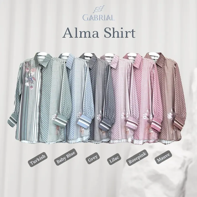 GABRIAL ALMA SHIRT Atasan Wanita Exclusive Monogram Printed Limited Gabrial Hijab top Silk Silky Glow Kancing Cantik kantor kasual timeless stripe fashion 3