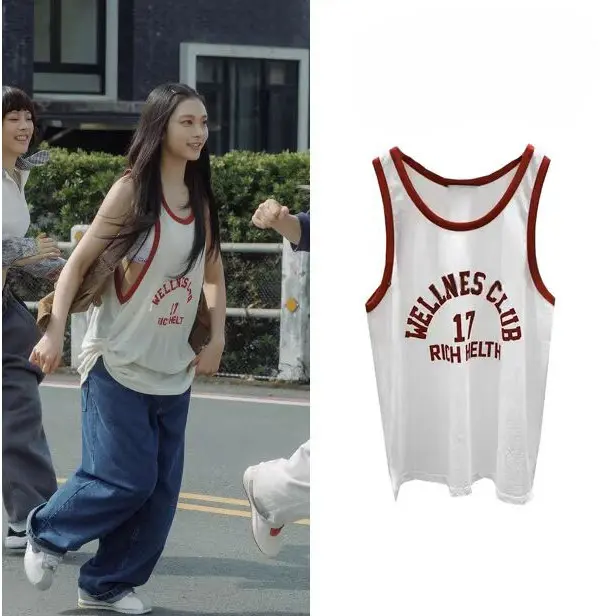 Áo Ba Lỗ Haerin, Newjeans, In Chữ Hàn Quốc 17, ngắn Tay, Màu Đỏ Trắng Tương Phản, Thời Trang, Dáng Rộng Vừa Vặn, Làm Bằng Bông, Thích Hợp Cho Mùa Hè, Không Tay