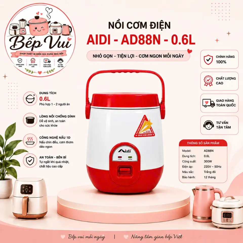 Nồi cơm điện mini AIDI 0.6lit MR-SM88N lòng chống dính -MÀU NGẪU NHIÊN HÀNG CHÍNH HÃNG BH 12 THÁNG