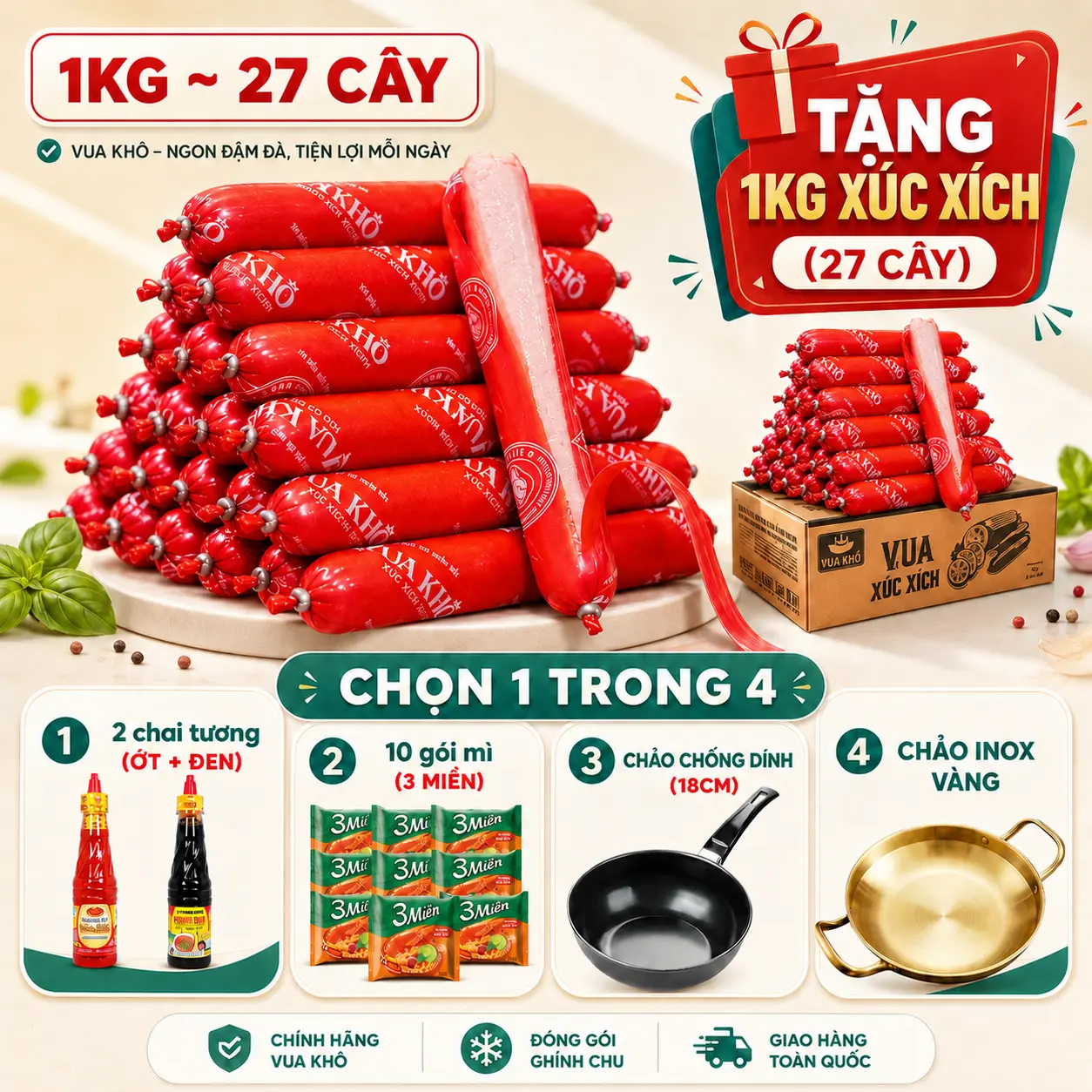 COMBO SIÊU RẺ: 1KG xúc xích ăn liền Vua Khô (SIZE 35gr/cây) - Tặng 1Kg xúc xích + 10 gói mì - Đồ ăn vặt snack, Food, đồ ăn nhẹ khô