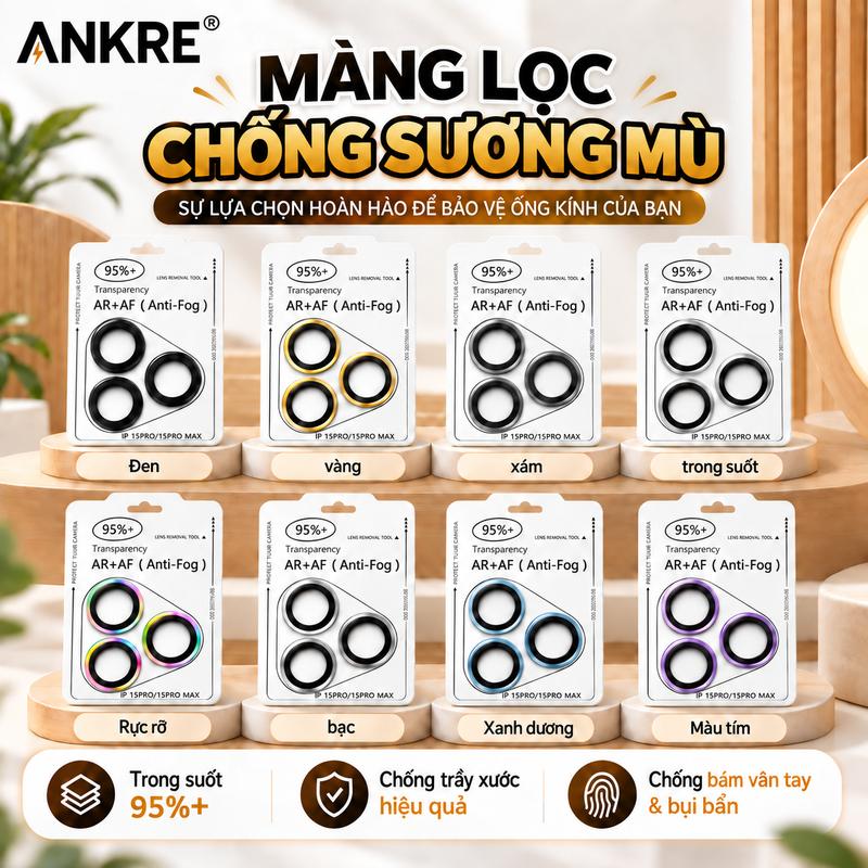 Kính Cường Lực Camera iPhone ANKRE AR+AF, Chống Trầy Xước Chống Chói, Trong Suốt 95%+, Khung Trợ Dán, 8 Màu Cho iPhone 11-17 Series