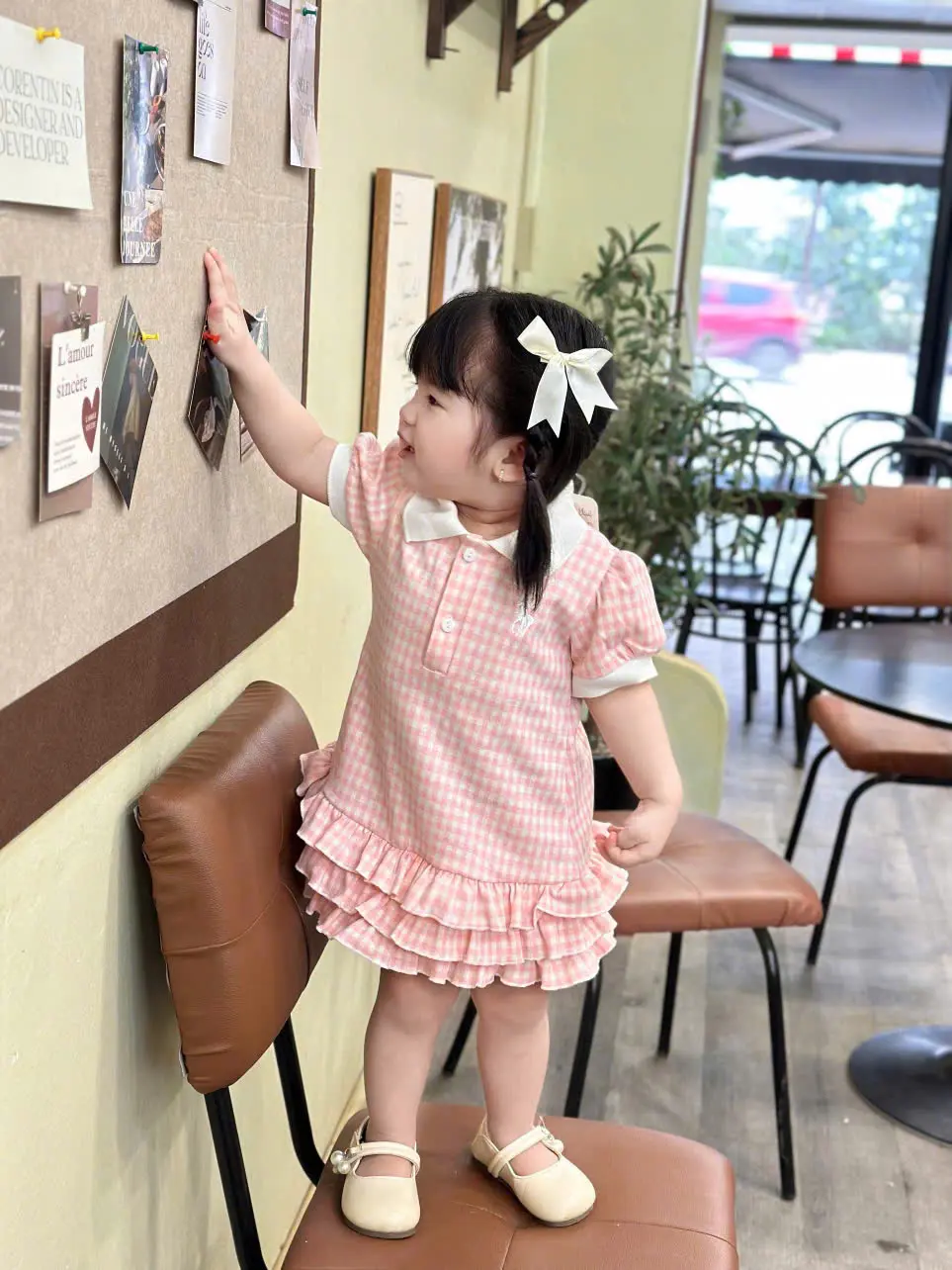 H58 TinyWiny- Váy Polo caro hồng chân bèo 3 tầng