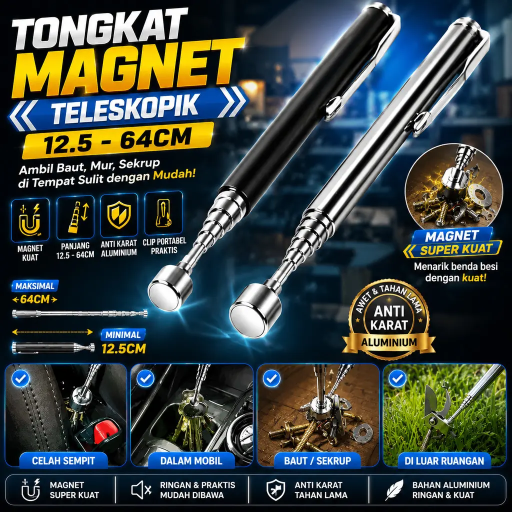 Tongkat Magnet Teleskopik 12.5-64cm Pick Up Tool Aluminium Magnetic Rod Baut Mur Sekrup Jarum Mekanik Bengkel Portable Extendable Magnetik Kepala 6mm Anti Karat Compact
