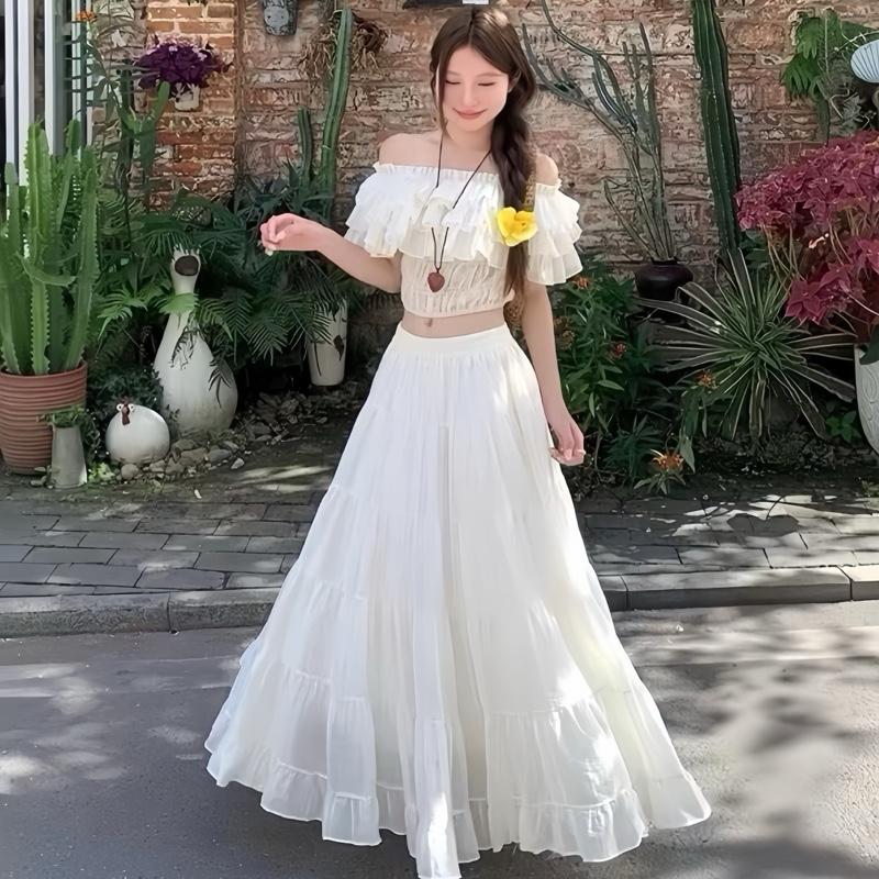  Set Áo Croptop Trễ Vai Bèo Tầng Phối Chân Váy Dài Xoè Đi Biển Du Lịch Đi Chơi Ngọt Ngào Tiểu Thư - alimecloset - D23 