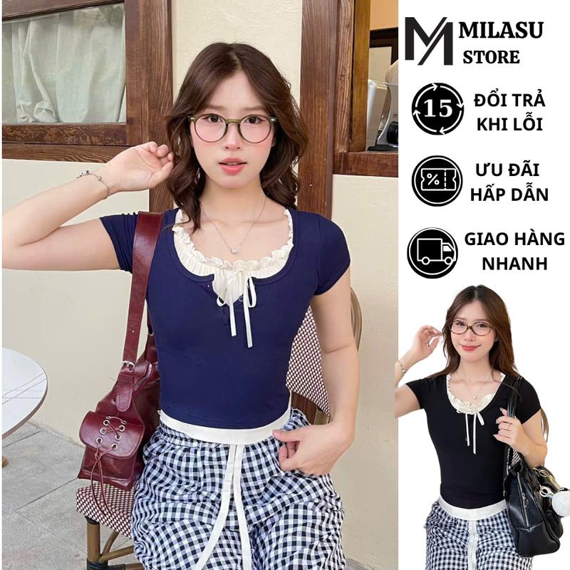 Áo Thun Tăm Phối Bèo Buộc Nơ MILASU Áo Nữ Cộc Tay Cổ Tròn Mềm Mịn A392