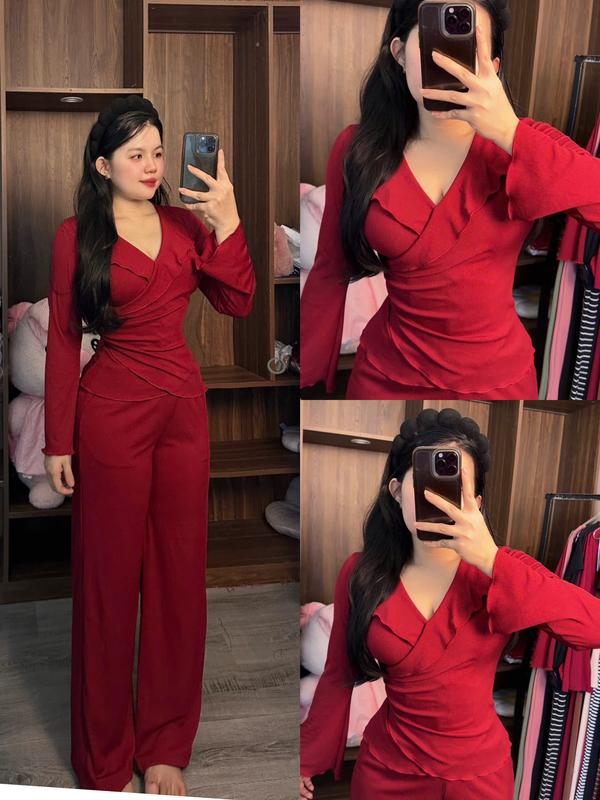  Bộ đồ nữ đẹp mùa đông - áo tay dài cổ tim đang chéo thời trang & ống suông  Mẫu Tết 2026   