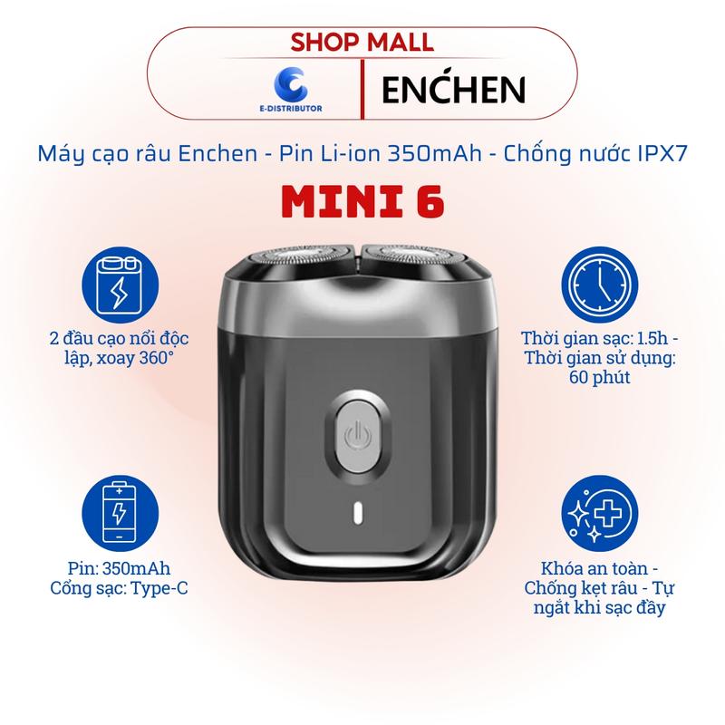 Enchen Mini 6 - Máy cạo râu điện Enchen - Pin Li-ion 350mAh - Chống nước IPX7 - Sạc Type C tiện lợi - Sử dụng khô - nước dễ dàng