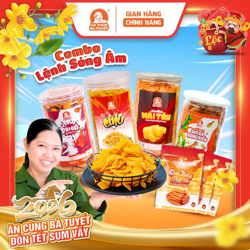  Combo LỆNH SÓNG ÂM: 1 hũ chịu - 1 hũ đùi gà tê cay - 1 hũ đùi gà rong biển - 1 hũ bimbim mái tôn - 3 gói gân rồng - ĂN CÙNG BÀ TUYẾT M41 