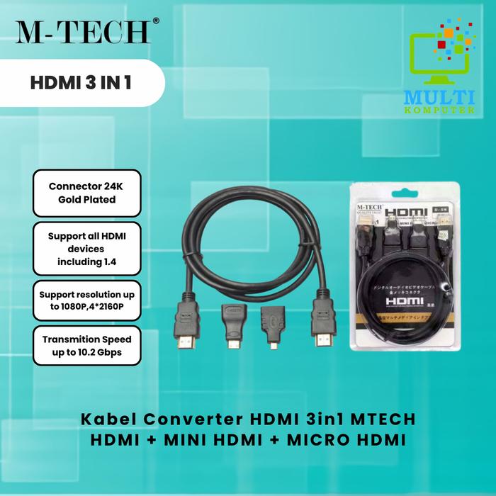 Gambar KABEL HDMI 3 IN 1 / KABEL HDMI 3IN1 (HDMI + MINI HDMI + MICRO HDMI) Gold Accessories - HITAM dari Multi Komputer Kota Administrasi Jakarta Barat Tokopedia