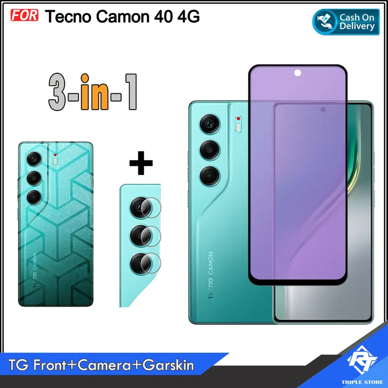 Paket 3in1 Tempered Glass untuk Tecno Camon 40 4G Spark Go 1 Bonus TG Camera Lens 3D Full Curved Dan Garskin Transformer 2