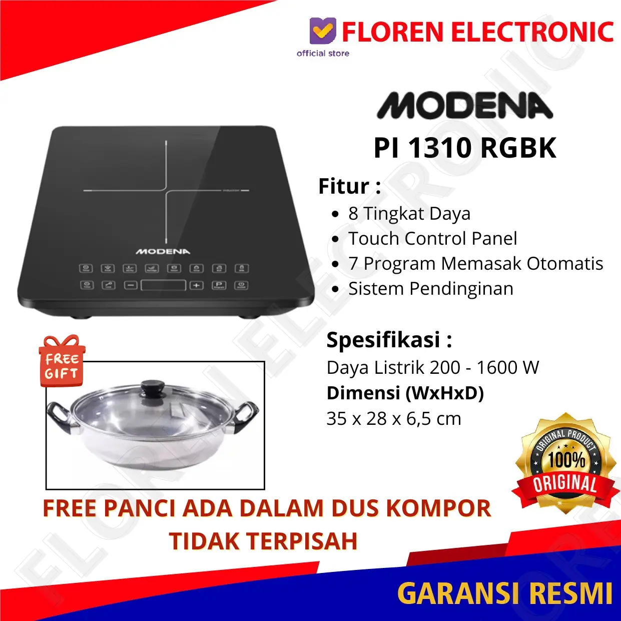 Kompor Listrik Portable Induction Modena PI 1310 RGBK / 1310RGBK / PI1310RGBK BARANG BARU DAN SEGEL MURAH GARANSI RESMI MODENA INDONESIA