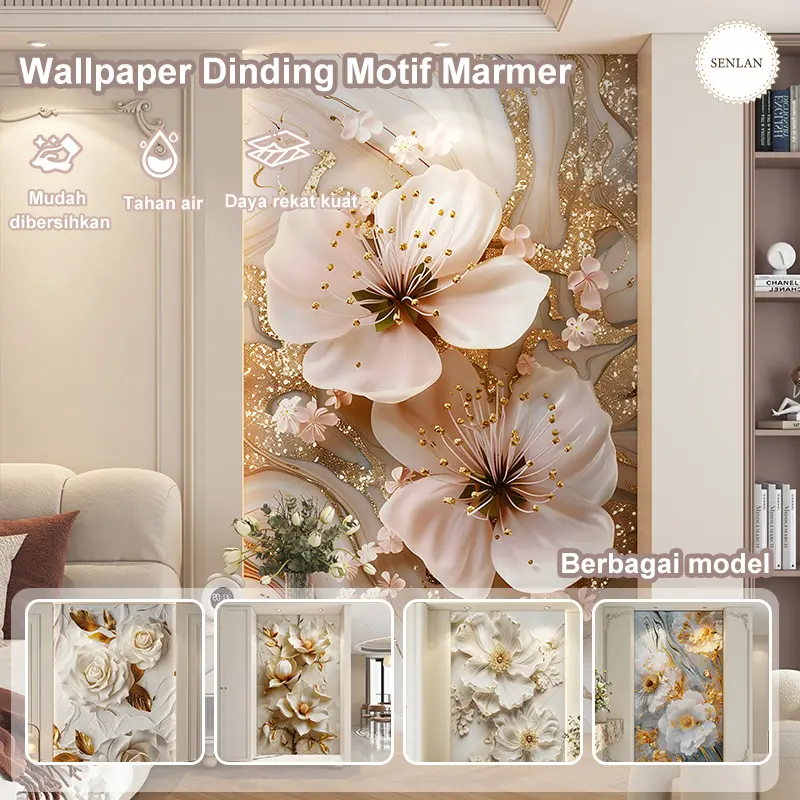 Wallpaper Dinding Motif Bunga 5D Tebal 2.5 mm Full Roll 120 × 280 cm Sudah Ada Perekat Tahan Air dan Tahan Gores