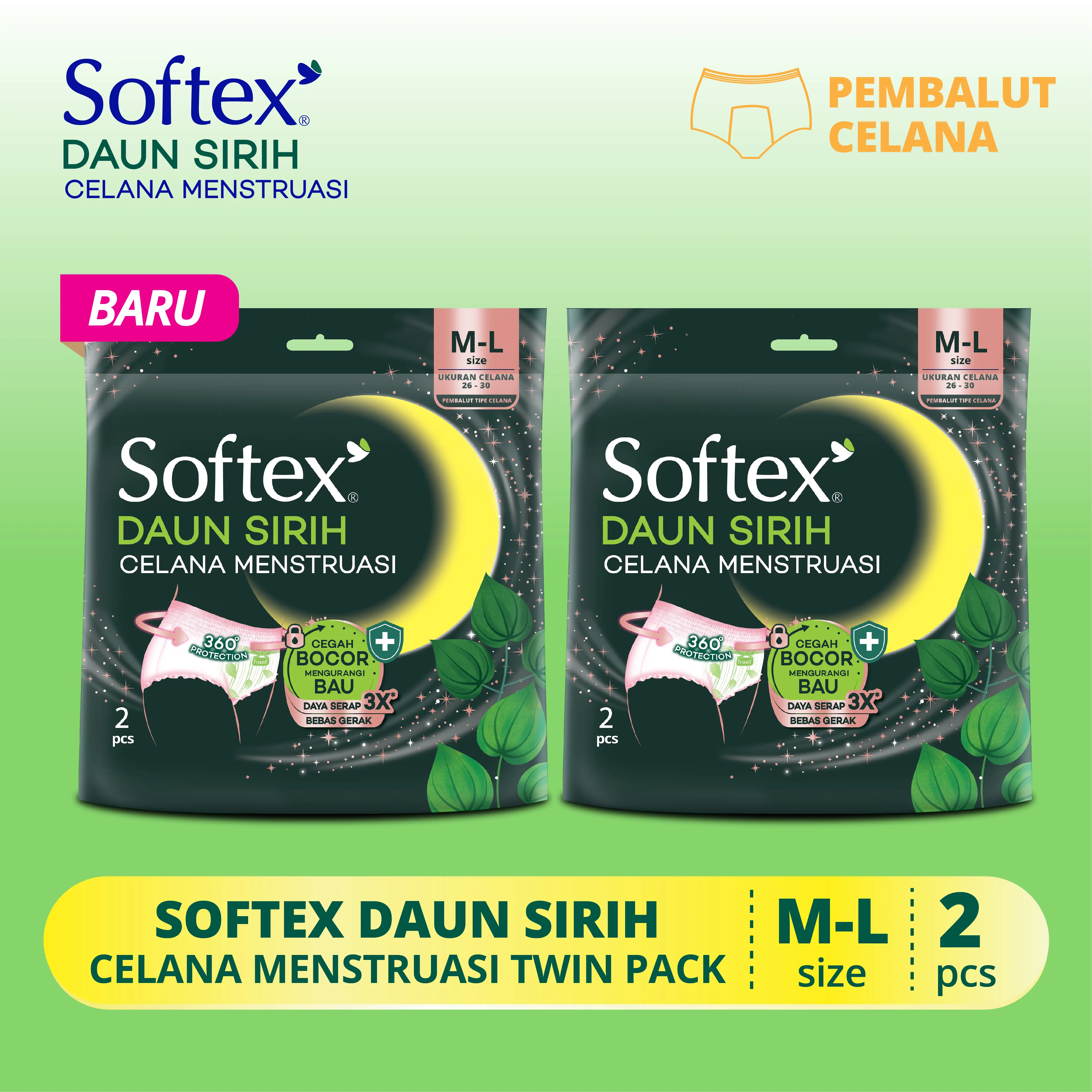 Softex Celana Menstruasi Daun Sirih 2s x 2 Pack - Pembalut Celana Sirih