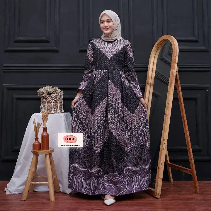 Gamis Lebaran Busui Bahan Katun Dress Murah All Size Batik Kondangan Poliester Hitam Navy Cantik Dewasa Kerah Putih Panjang Nyaman Muslim Bunga 0