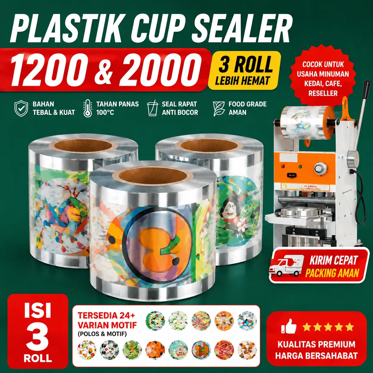 Cupsealer ISI 3 roll Segel Gelas Cup Tebal Anti Bocor Plastik Food Grade 1200 & 2000pcs Polos Kartun Motif