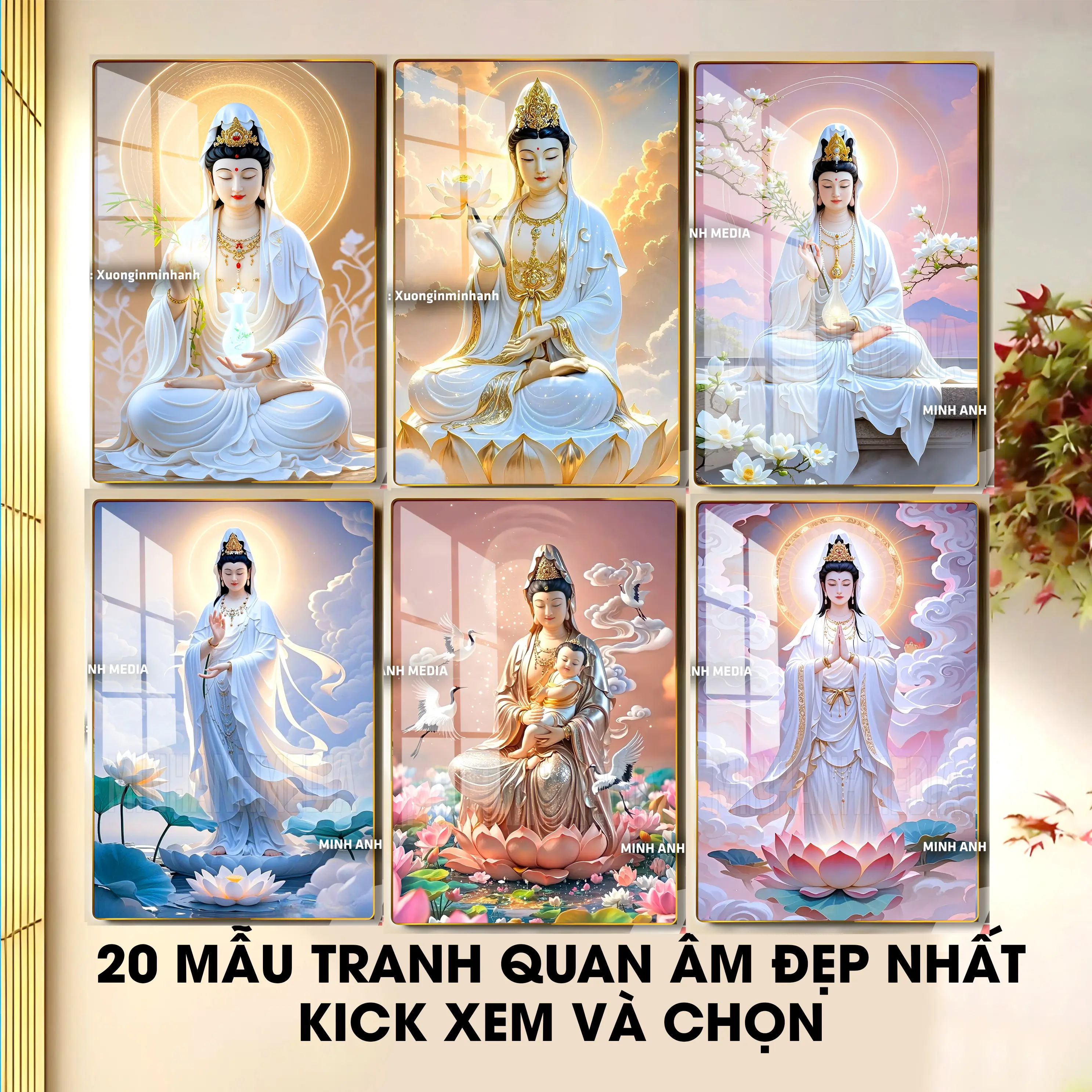 [BST QUAN ÂM BỒ TÁT] - Tranh gỗ tráng gương dày 13mm - Bo viền vàng cao cấp - Treo tường phòng thờ, mang lại may mắn bình an hạnh phúc Decor Phòng - MINHANH MEDIA