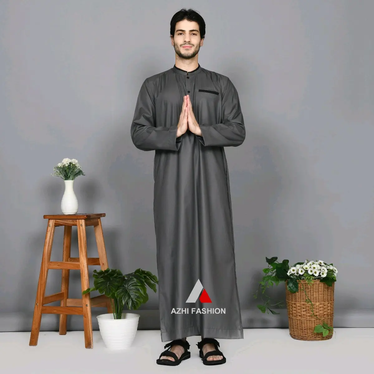 Jubah Pria Dewasa Lis Kerah Lengan Panjang Katun Toyobo Gamis Muslim Setrip Pendek Hitam