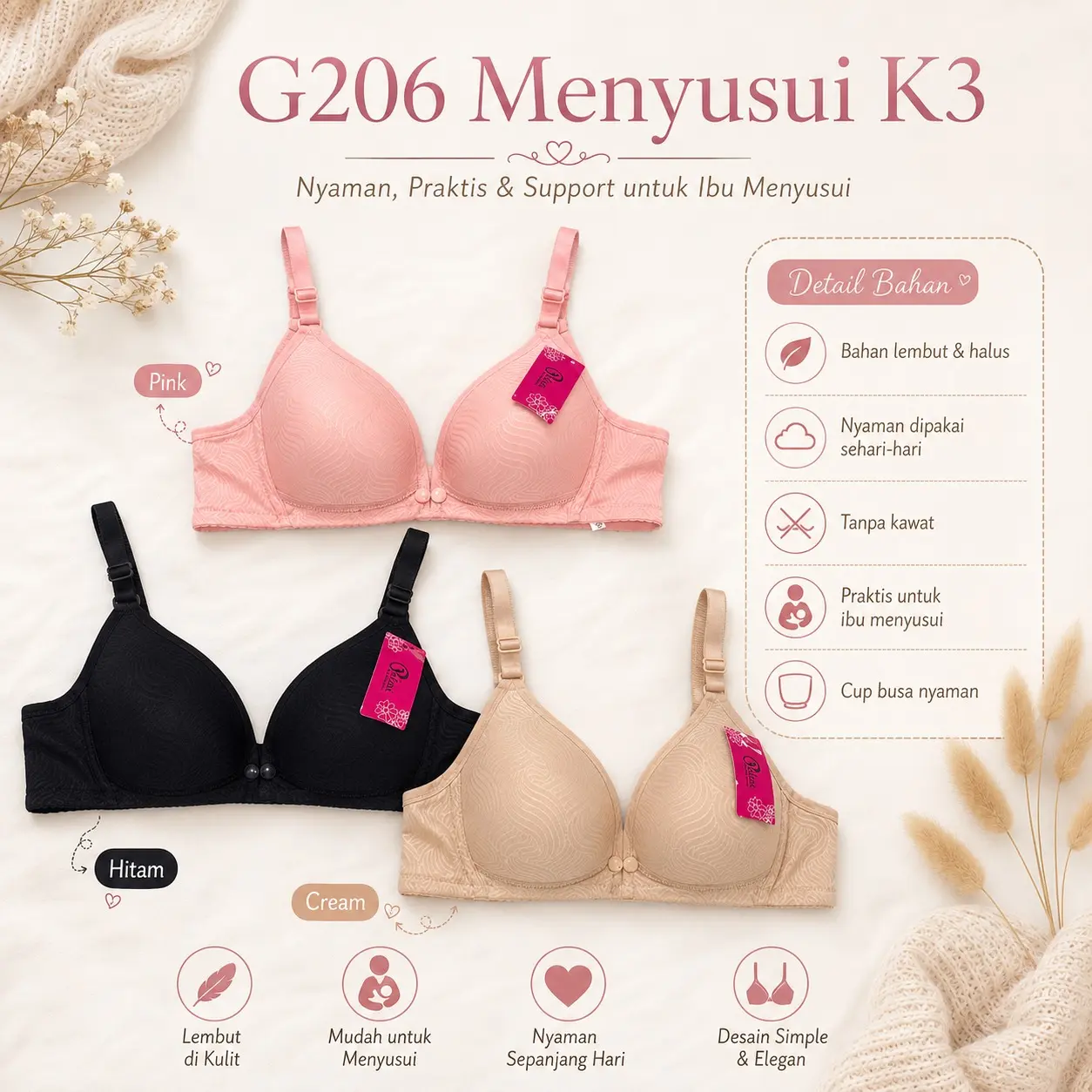 Polini - 1Pcs Pakaian Dalam Wanita / Warna Random / Bra Menyusui Wanita Ibu Hamil BH Busui K3 Polini G206