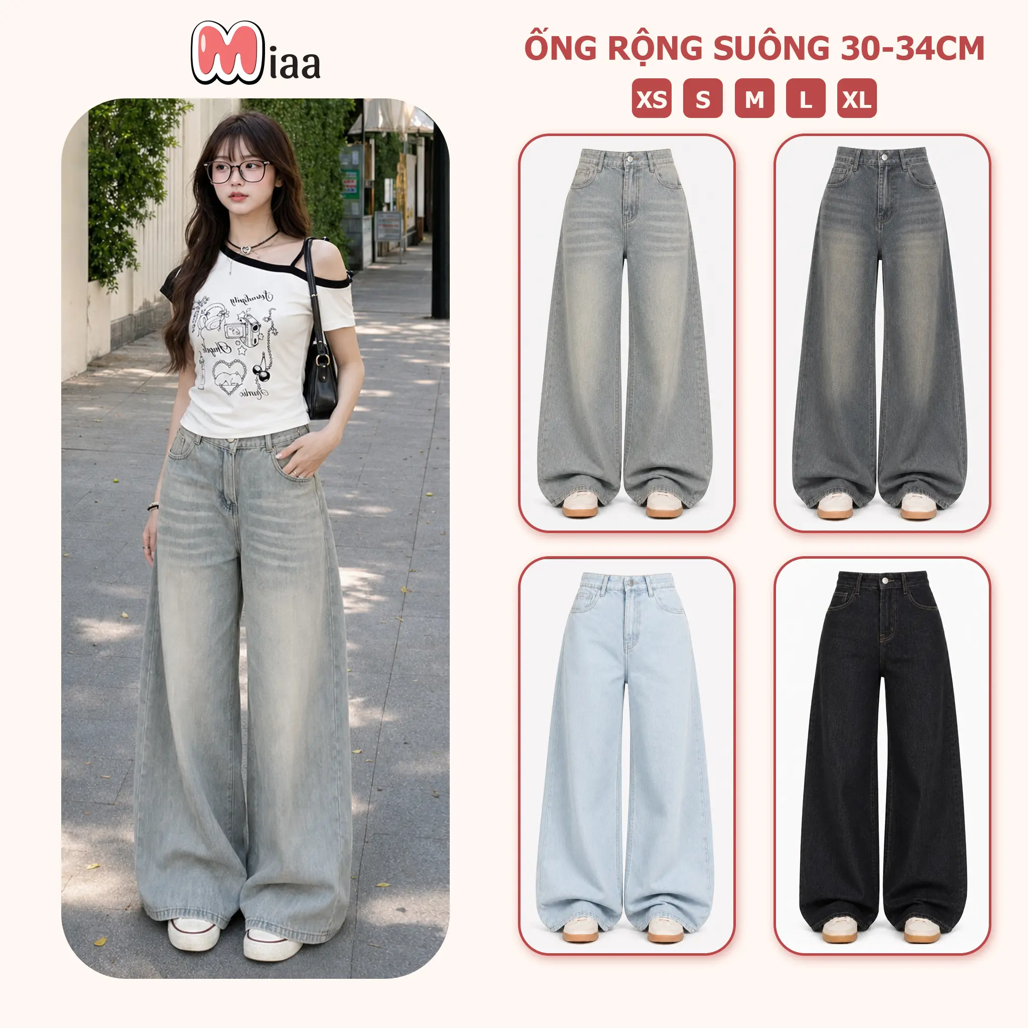 [DEAL HÀNG MỚI] Quần Jeans Nữ Ống Suông Rộng 30-34cm MIAA Size XS-XL - Màu Retro Xanh Trắng, Xanh Xám, Dirty,... - Chất Vải Jeans Mềm - Quần Ống Rộng Suông - Mã Ver3