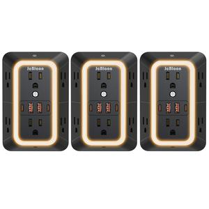 Pack de 3 extensiones para regleta con protector contra sobretensiones y luz nocturna, extensión de 6 tomas con 4 puertos USB (2 USB‑C), adaptador de pared multipresa de 3 caras para hogar, oficina, cocina y viajes