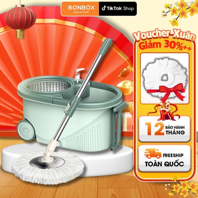 Bộ lau nhà cao cấp xoay 360 độ BONBOX BCT704 và BCT706 tự vắt thông minh mâm lau inox có bánh xe trợ lực - Hàng chính hãng Lau Sàn Cây Lau Nhà
