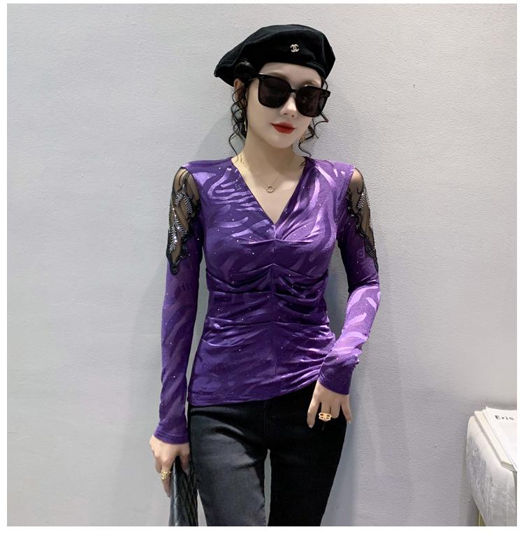 Product Introduction of FCBF-Áo lưới kim cương rỗng thời trang mới gợi cảm cổ chữ V dài tay quần lót thời trang nữ thu đông Top Voi Shirt Kem Women 13