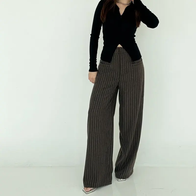 [Poshy] Kimberly Loose Stripe Pants Highwaist Semiwool Pockets Celana Panjang Wanita Premium Straight Trouser Celana Garis 4