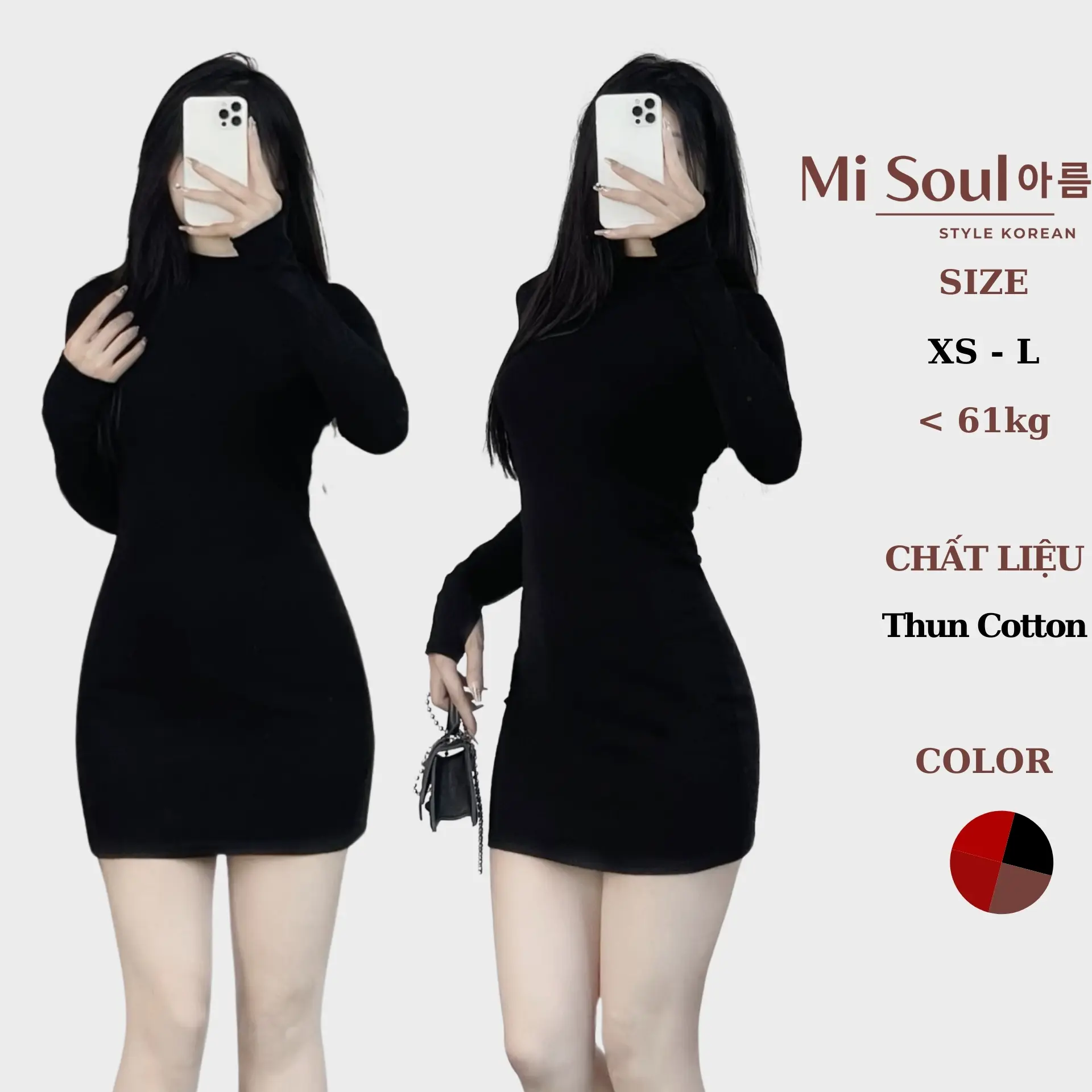 Váy Body Dài Tay Có Xỏ Ngón Cổ 3 Phân Dáng Ngắn Chất Thun Cotton Misoul, Đầm Thun Cotton Dài Tay 361 Nữ Women Dress Đen