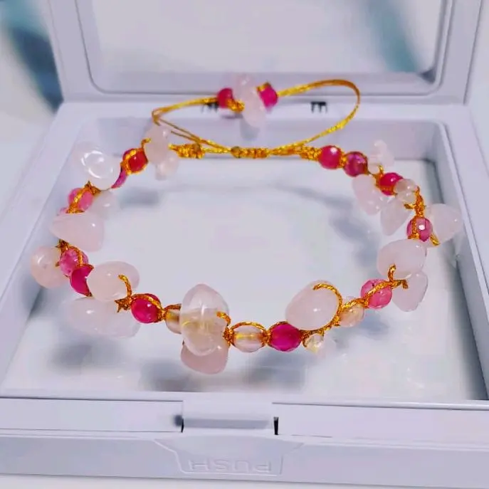 [Clarancejewelry] Gelang Serut Pink Sapphire Perpaduan Batu Kerikil Aventurine