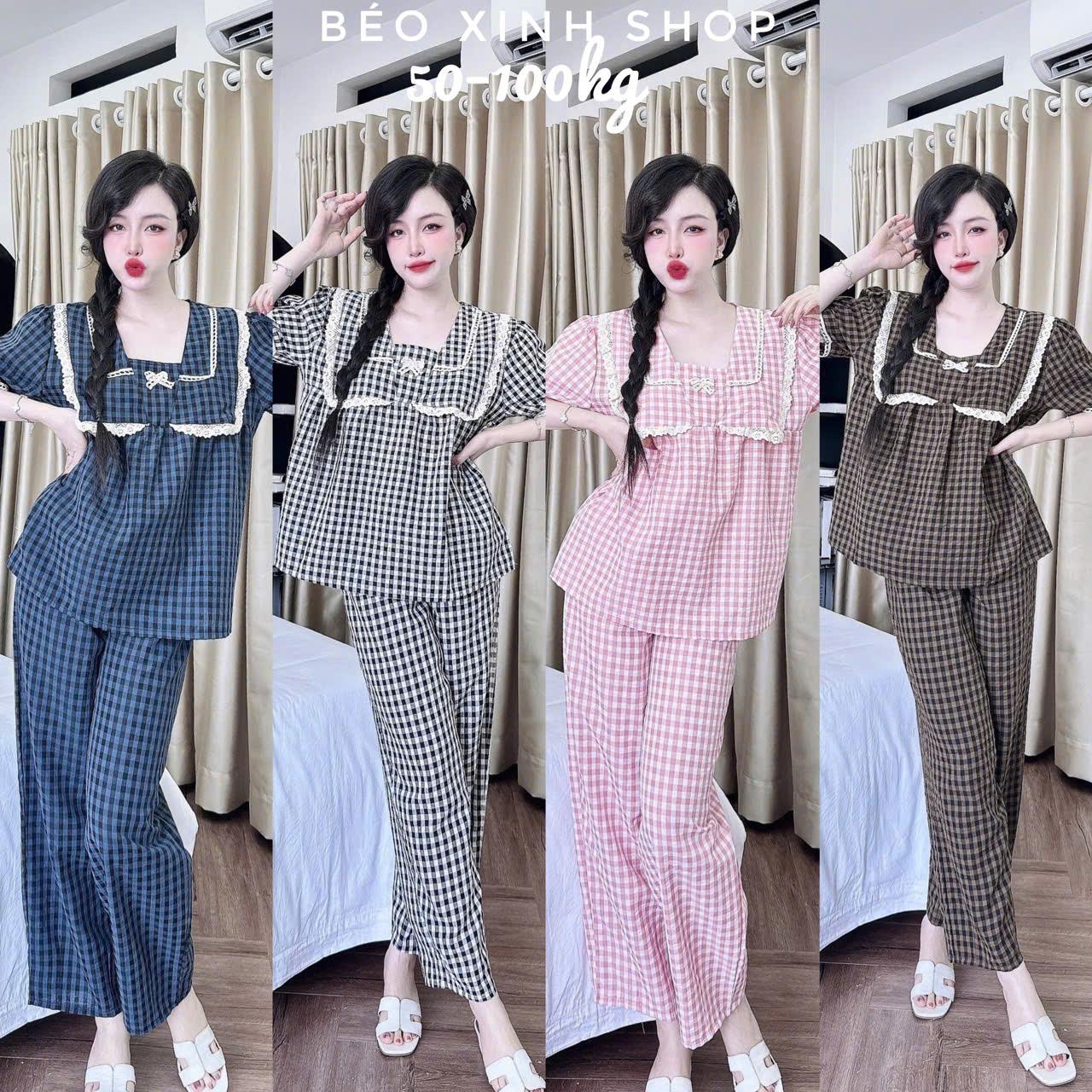 Đồ Bộ - Đồ Ngủ Quần Áo Vải Xốp Caro Cotton Tay Ngắn Quần Dài Pijama Bigsize 50-100kg Mặc Cực Thích Nữ Pants Lịch Quần Ngủ - A.5444