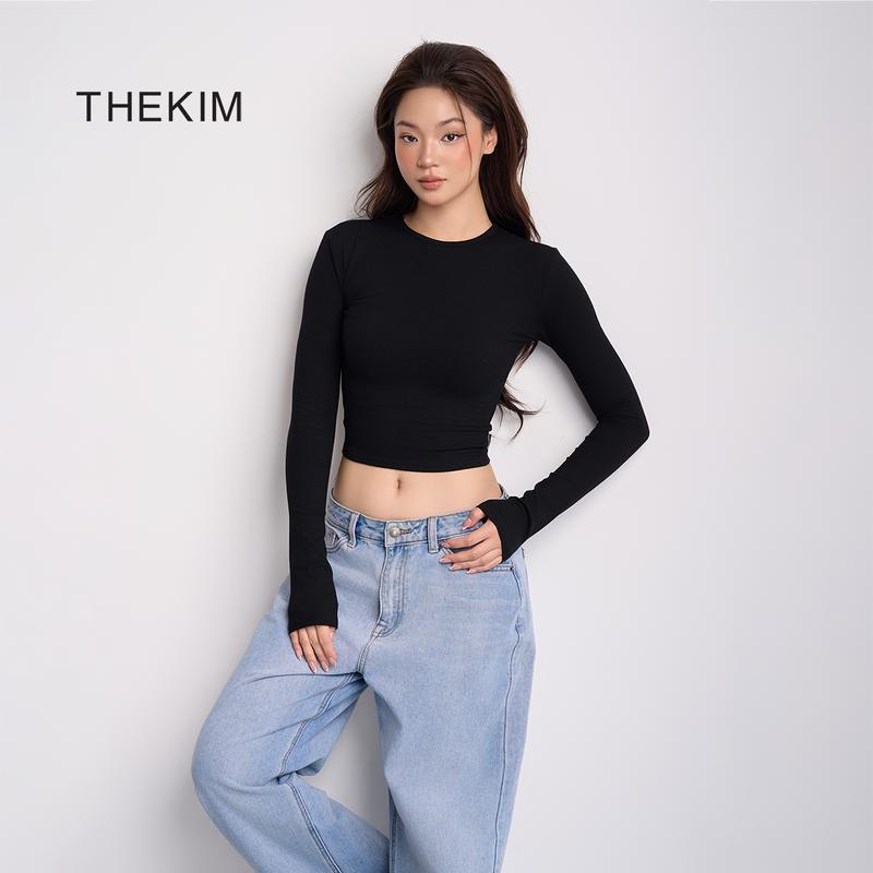 THEKIM Áo croptop dài tay cổ tròn nhiều màu , áo thun tăm cotton tay dài trơn basic cho nữ ôm sát body AD119 croptop