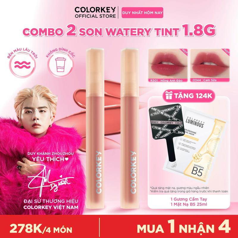   OFFICIAL  Combo 2 Son COLORKEY Watery Tint Bền Màu Lâu Trôi Không Dính Cốc Siêu Mịn Môi 1.8g 