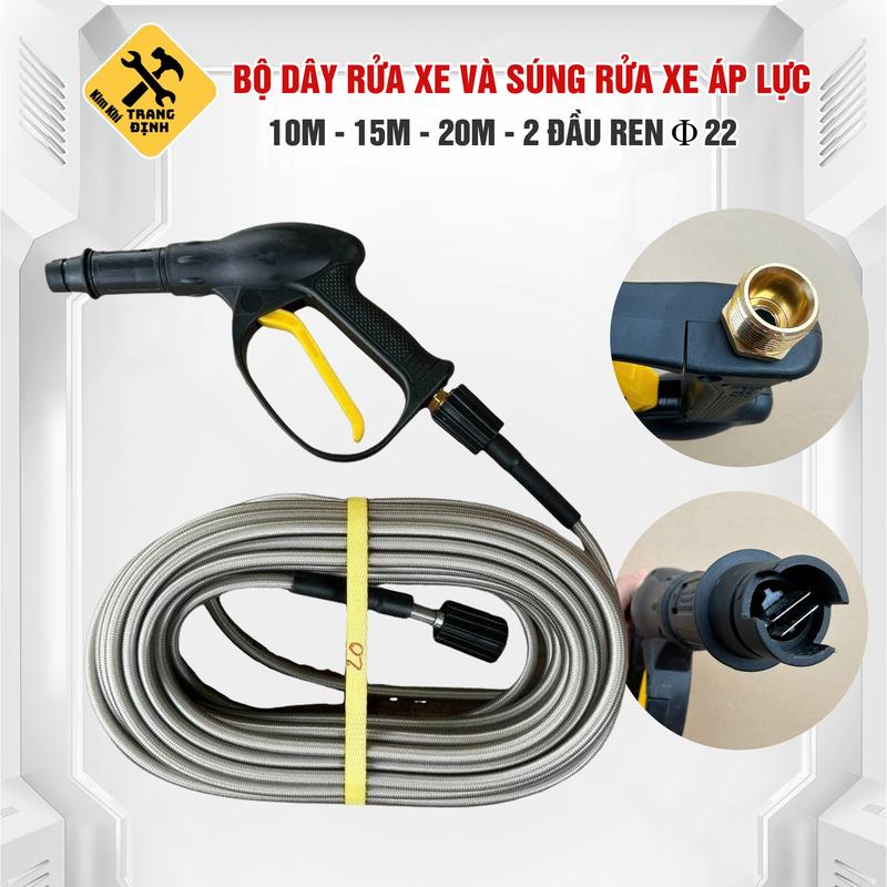 Bộ 10M 15M 20M  dây rửa xe và s.úng xịt rửa xe - vòi xịt rửa xe dây xịt rửa áp lực cao ren 22mm