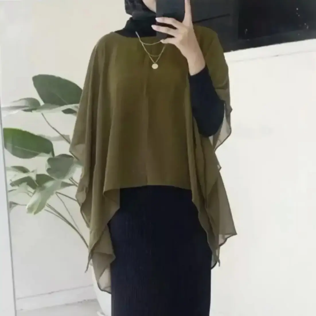 outer batwing polos ceruty babydoll luaran kekinian Wanita Muslim Cardigan Kardigan Baju Kaos Panjang Oversize Twill Weave Modest