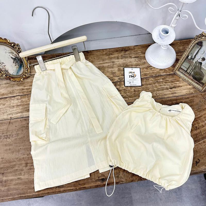 [Nini Kids] -Sét áo kèm chân váy dài cho bé Gái chất liệu thô đữi mềm đủ size 8-35kg (Thô hồng be)