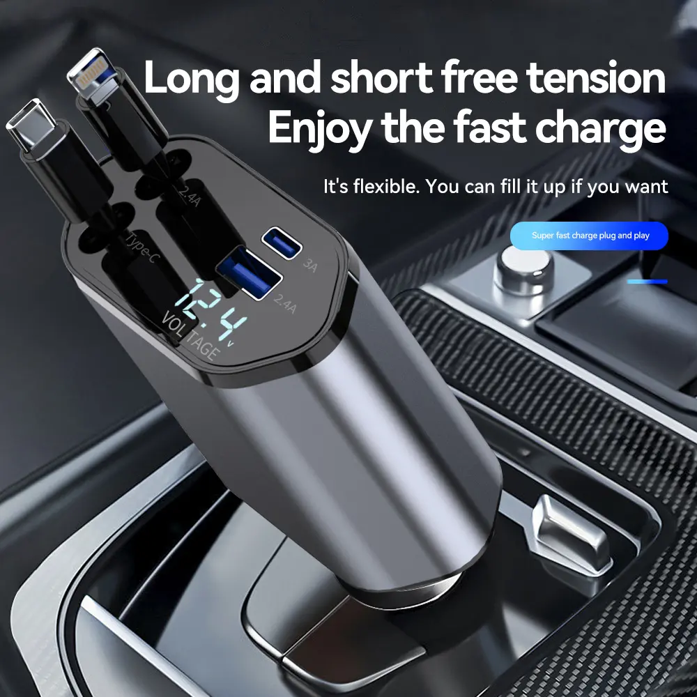 car charger 45W Super Fast Car Charger with Retractable Apple Cable - 4-in-1 Multi-Device Charging for iPhone, Android, Laptop & Accessories, Universal Fast Charging Adapter"