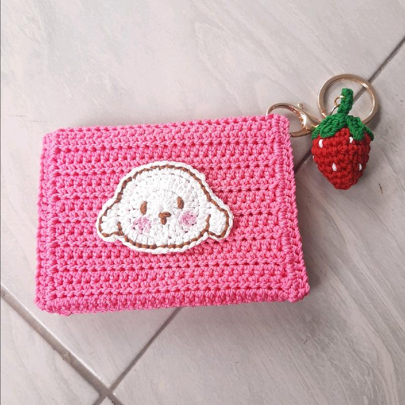 Dompet Kartu Rajut Karakter Imut Lucu Model Terbaru Handmade untuk Wanita Perempuan Hitam Pink 5