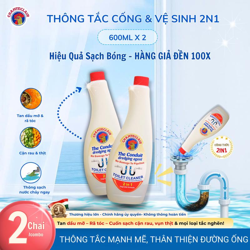  Chanteclair Combo 2 Chai Dung Dịch Thông Tắc Cống 2in1 - Vệ Sinh & Tẩy Rửa Bồn Cầu 600ml x 2 Chai Làm Sạch Đa Năng Tan Mỡ & Tóc Khử Mùi An Toàn Đường Ống Diệt Khuẩn 99.9% 