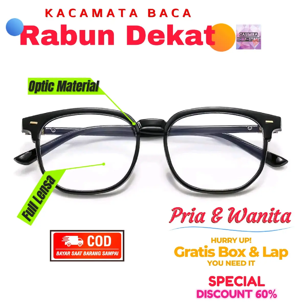 {MATERIAL OPTIC} Kacamata BACA "full lensa" model CLUBMASTER, PRIA & WANITA untuk rabun dekat [Anti radiasi & blu-ray], COD eyewear Lensa Glasses
