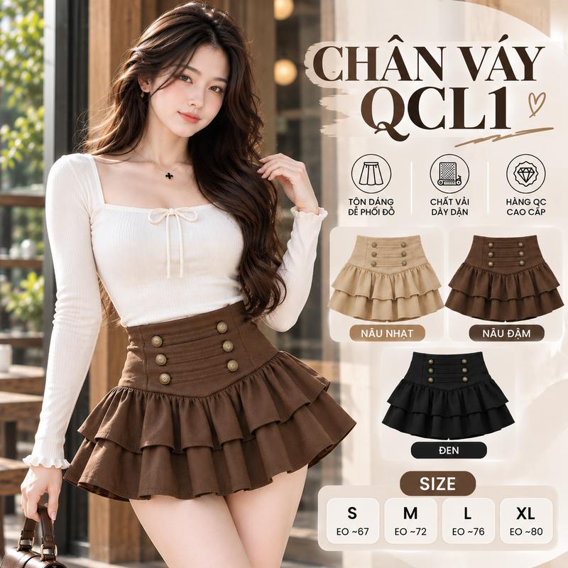 Hàng QCL1 Chân Váy Da Lộn 2 Lớp Phối Cúc 2 Tầng Họa Tiết Hoàng Gia Cao Cấp Dễ Mix Đồ Ngọc Bích 6887