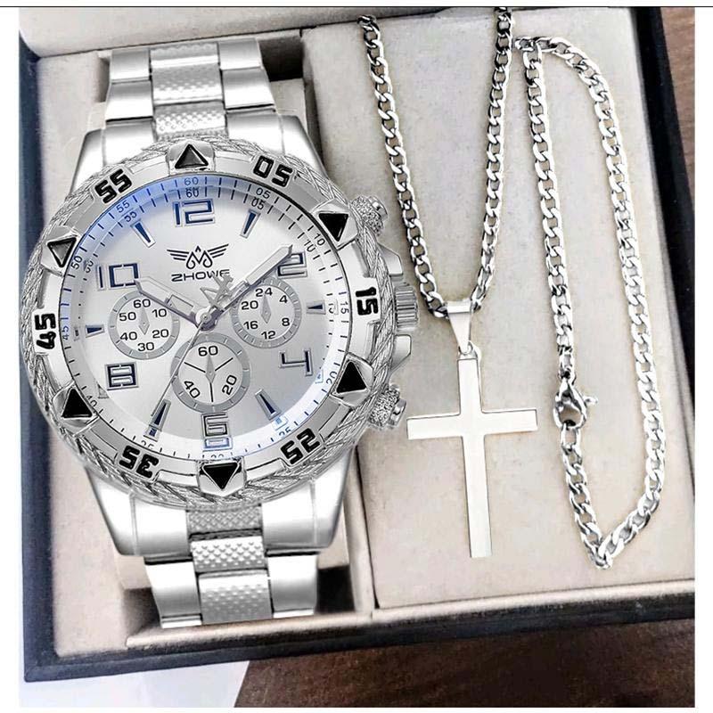 Bộ Đồng Hồ Nam, Thời Trang, Phong Cách Doanh Nhân, Mạ Vàng, Đồng Hồ Thạch Anh, Vòng Tay, Jam Tangan, Vòng Cổ Chữ Thập, Quà Tặng